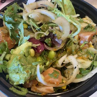 Medium bowl with greens ... lots of onions and a HINT of fish!