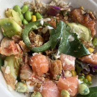 DIY BOWL - dbl salmon w/the works. Cream cheese added! Fresh, crisp, & tasty! A young Caucasian cook, prepared this a true professional!