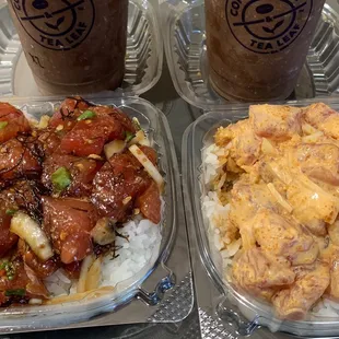 Hawaiian style poke bowl (L) &amp; Spicy Ahi poke bowl (R)