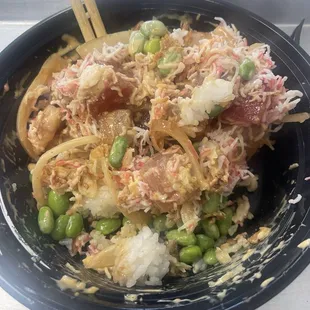 Poke bowl with Ahi tuna, Shrimp and yellowfin tuna.