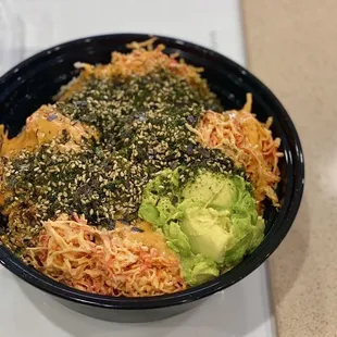 Poke Bowl-Large: crab, spicy crab, avocado, furikake with white rice (01/2024)
