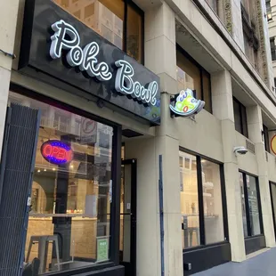 the entrance to a restaurant