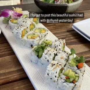 ACM avo cucumber mango vegan roll. Photo taken by my friend. Just resharing. Also a poke bowl with tuna and the crab meat (fish) blend.