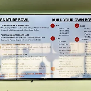 Signature bowl menu