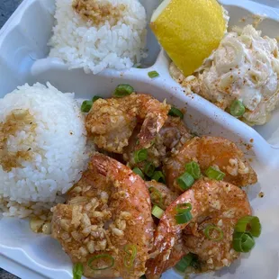 The almighty garlic shrimp with 2 scoops of rice and mac salad.