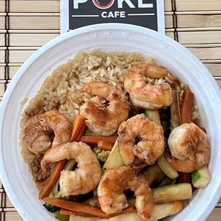 Shrimp teriyaki rice bowl. Good overall but a little dry on the shrimp.