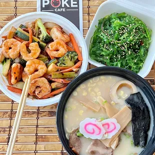 Shrimp Teriyaki, Seaweed Salad, Tonokotsu Ramen -  August 2022