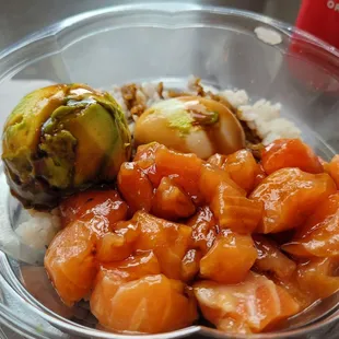Shoyu salmon with avocado and egg over sushi rice