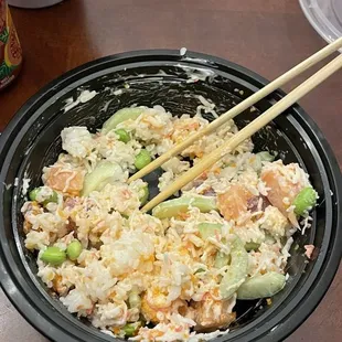 2 Scoops of Protein Bowl, Ahi Tuna, Salmon, 2 Scoops of Rice, Garlic Miso, Spicy Mayo, Cucumber, Edamame, Masago, Crab Salad