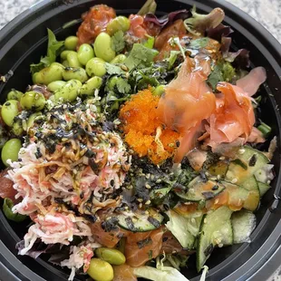 Large 4 Scoops Build Your Own Bowl with an additional scoop of fish. On top of salad with traditional eel sauce. Delicious.
