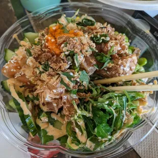 Customized bowl $19 - 4 stars. I got both types of salmon, pieces were thick &amp; fatty. Brown rice slightly undercooked. Sun lunch 2024-01-14