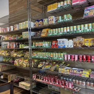 shelves of snacks and drinks