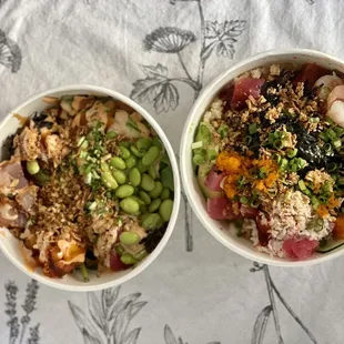 two bowls of food on a table