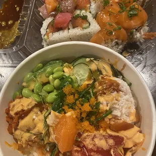 Poke bowl bottom. Top left Sexy Poke Roll. Top right College roll