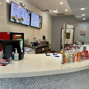 the front counter of a fast food restaurant