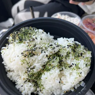 Two scoops of rice with furikake seasoning (huge portions!!)