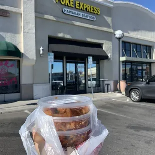 All this for just $11 and change - scoop of tako &amp; 1/3 lb each of two ahi flavors