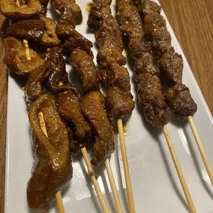 Lamb skewers and intestines skewers