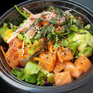 The Wild Salmon bowl over fresh salad greens. I love that yuzu wasabi sauce!