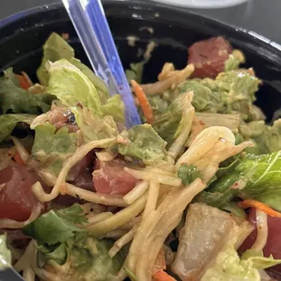 2 protein with salad base + avocado, cucumber, edamame, jalapeños, and some other stuff with a spicy ponzu sauce. Deliciousness!