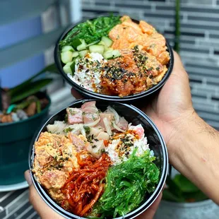 Spicy salmon, spicy ahi, ginger onion hamachi poke bowls