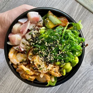 Hamachi and Scallops poke with cucumber kimchee, seaweed salad and edamame
