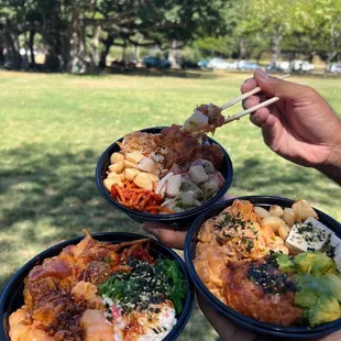 three two-choice poke bowls