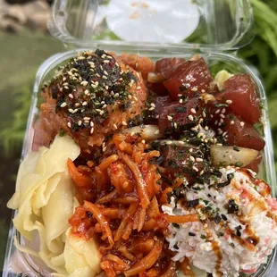 Shoyu poke and spicy half rice and salad, crab and ginger to clear the palette