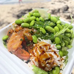 Small shoyu salmon bowl with salad. Edamame and seaweed add ons