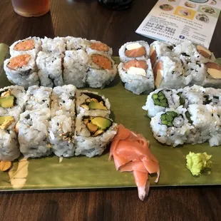 From top left to right - Spicy Crunchy Tuna Roll, Salmon Cream cheese Roll   Bottom left to right - Peanut Avocado Roll, Asparagus Roll