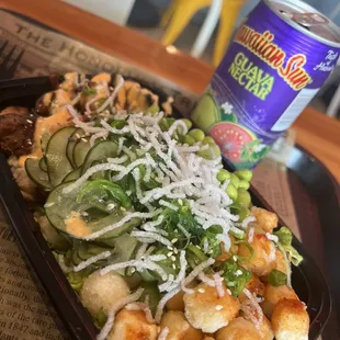 Make your own- 1/2 brown rice 1/2 greens, fried tofu &amp; chicken, pickled cucumbers, seaweed salad, edamame, and more!