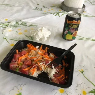 Custom Poke Bowl  -White rice -Tuna  -Green onions -Carrots  -Crunchy noodles