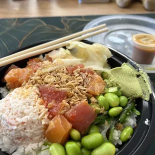 Small order- salmon and ahi tuna with the fixings.