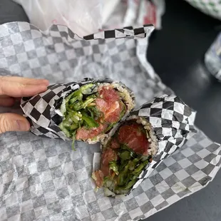 Sushi Burrito - spicy tuna, mahi, shrimp with greens and seaweed salad