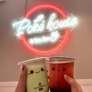 honeydew milk tea ($4.25). + strawberry green tea w/ boba ($4.95)