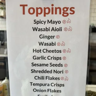 TOPPINGS! I'm never getting Hot Cheetos. You can't make me. Furikaki, Nori, and ginger for me.