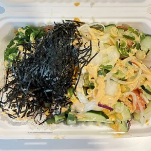 Large Poke Rice Bowl - Three scoops of salmon, toppings, spicy mayo, and ponzu sauce. Delicious!