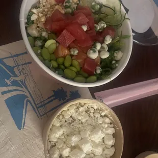 Hummus and custom bowl with tuna and salmon