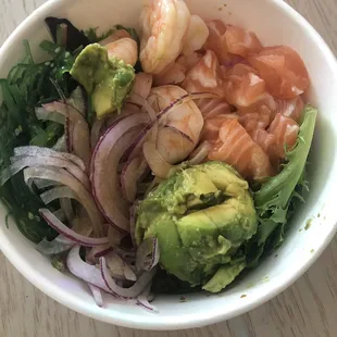 My wife&apos;s custom small bowl featuring salmon, shrimp and ponzu. She loved it.