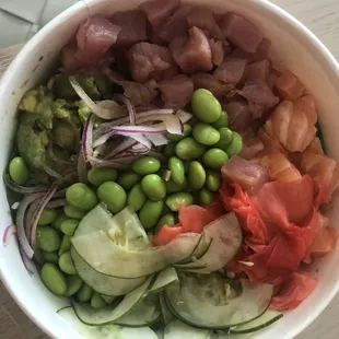 Custom Large Bowl featuring tuna, salmon, edamame, ginger, ponzu and lots more. Delicious!