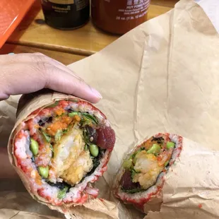 Shrimp tempora and ahi tuna burrito with hot Cheetos
