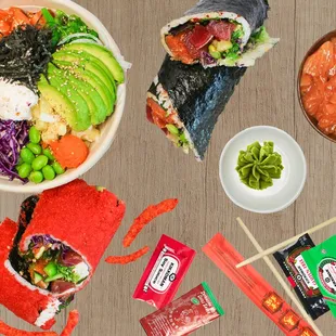a bowl of sushi, a bowl of salmon, a bowl of chips, and a bowl of