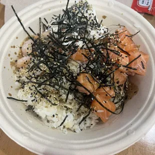 Regular Poke Rice Bowl with Salmon Shrimp and Shredded Nori