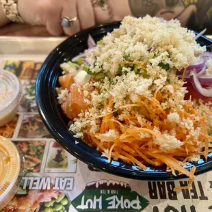 a bowl of food on a tray