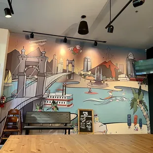 a large mural of a city