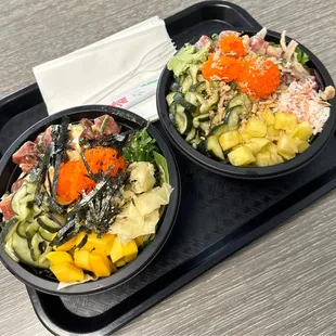 Regular poke bowls with 3 scoops of protein, half rice and half spring salad and favorite toppings