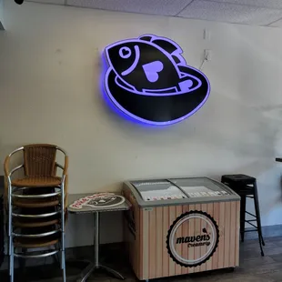a neon sign in a restaurant
