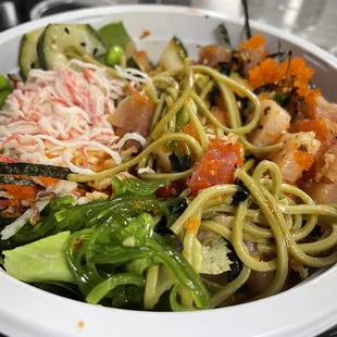 Poke Build Your Own Bowl Large Size with half soba and half mixed greens