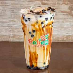 Brown Sugar Black Milk Tea with boba. Freshly brewed daily, lactose-free, gluten-free.