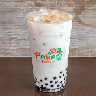 Jasmine Milk Tea with boba. Freshly brewed daily, lactose-free, gluten-free.